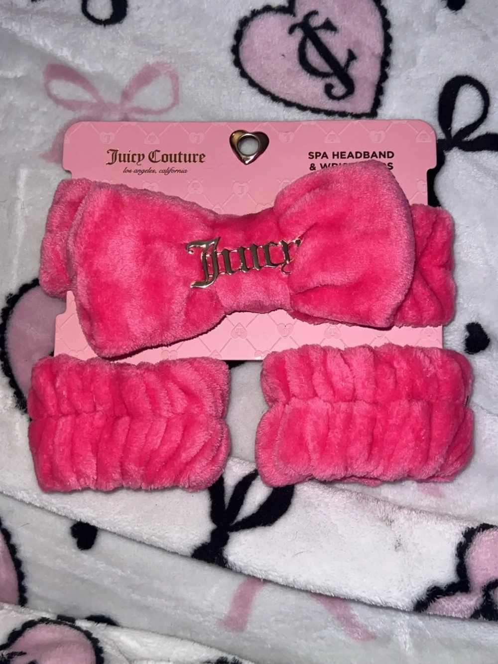 Juicy Couture Hot Pink Plush Spa Headband & Wristband Set with Gold Logo